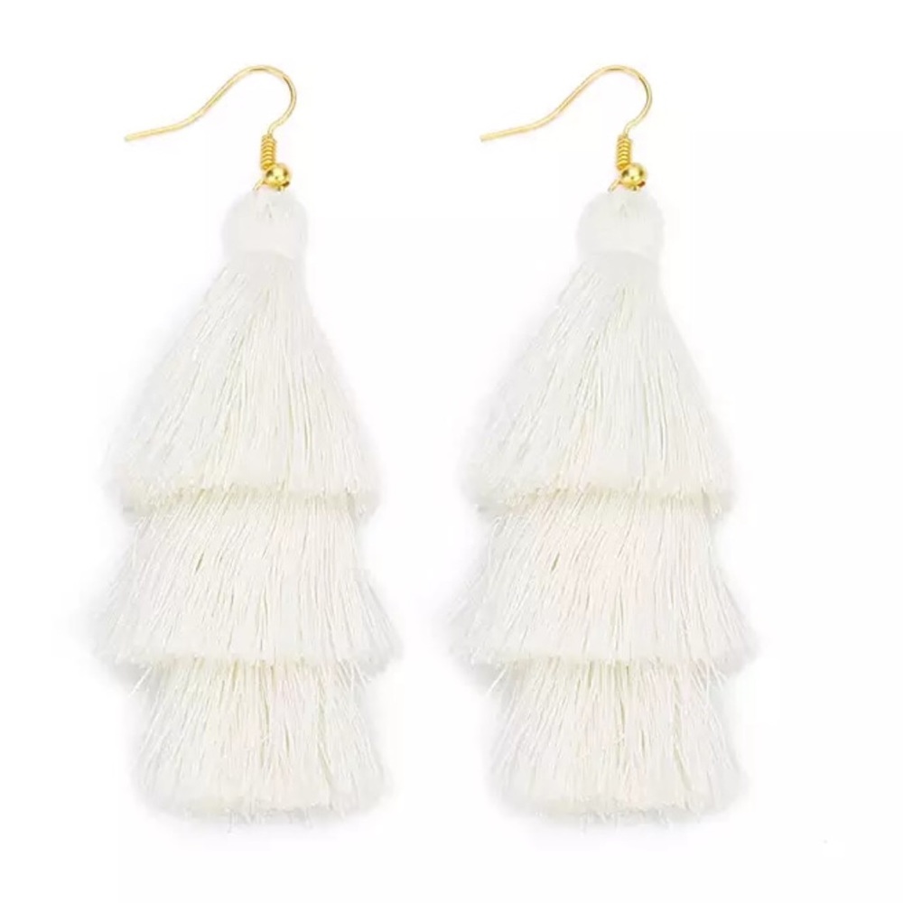 Restock🎉Boho 3Tiered White & Gold Tassel Earrings